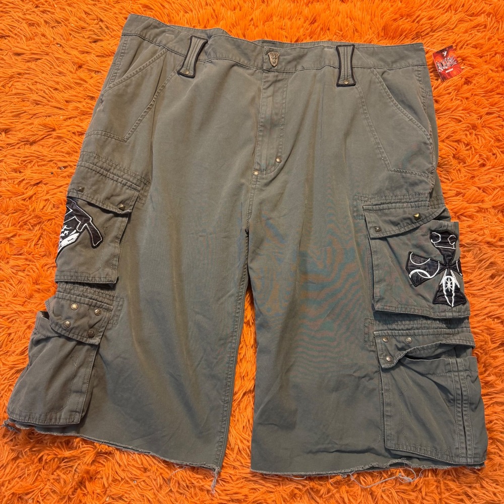 Blac Label Mens Olive Green Cargo Shorts Size 42 Skull Cross American Flag Patch